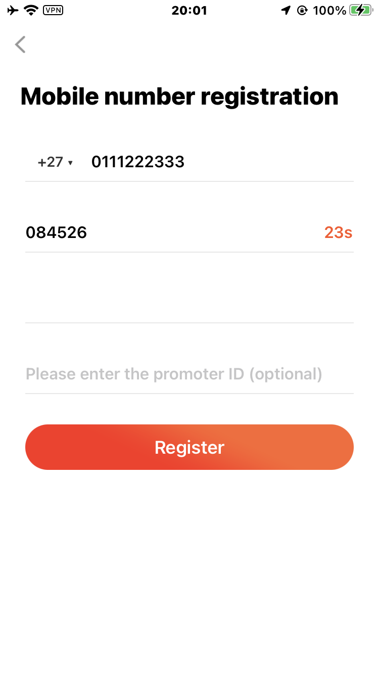 Screenshot of registration form with OTP input